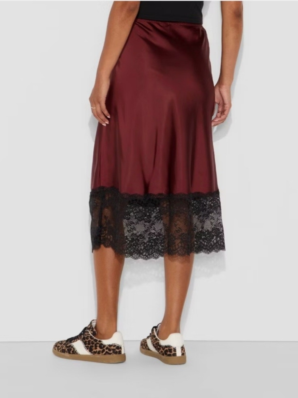 Satin Lace-Hem Midi Skirt in Burgundy